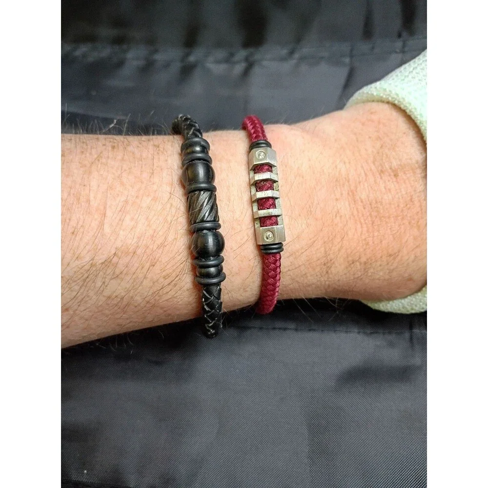 Lot of 2 Men's Braided Stackable Bracelets - Blackjack Red + Black